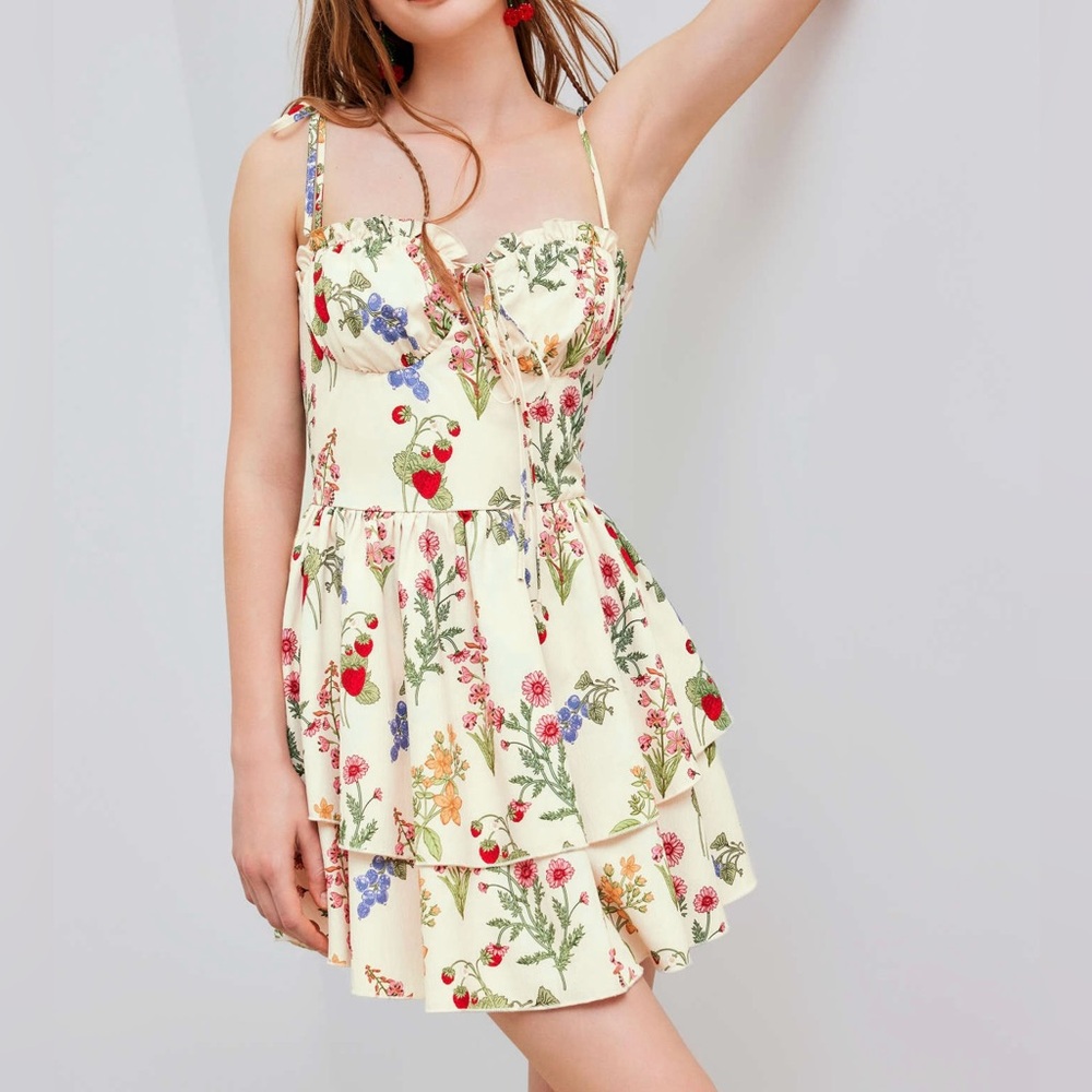 NWT Cider Women’s Cream Woven Floral&Fruit Ruffle Hem Layered Mini Dress Sz OXL